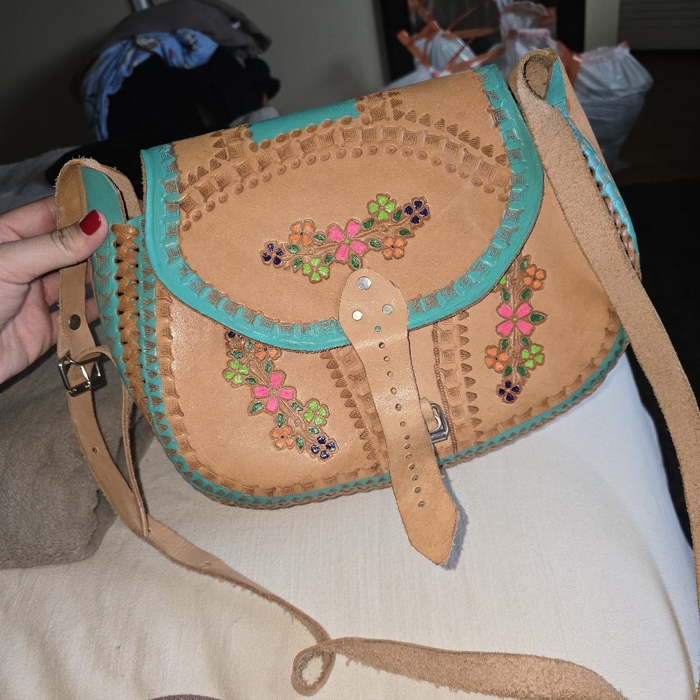 Floral Embroidered Tan and Teal Leather Bag